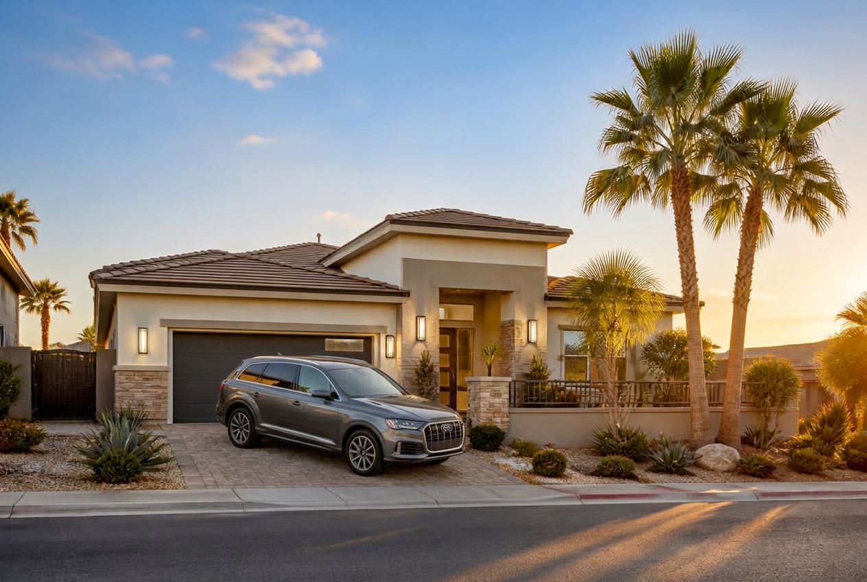 A modern Las Vegas home at sunset with palm trees and desert landscaping